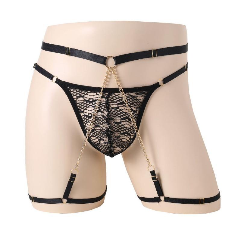 Sissy Lingerie Men'S Sexy Lace Garter Panties Waist Adjustable Chain G-String Perspective Crossdressing T-Back Jockstrap Thong