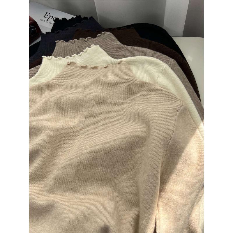 Semi-turtleneck Stacked with Fungus Edge Knitted Sweater, Soft Waxy Sweater, Female Slim Body with Long-sleeved Autumn and Winter Bottoming Top
