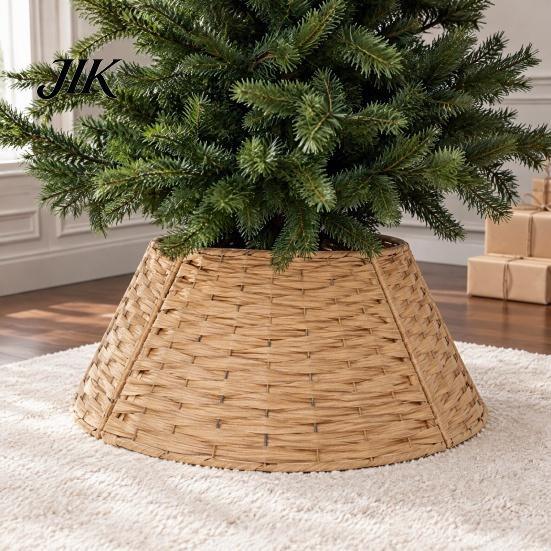 Christmas Tree Collar Handwoven Rattan Collar, Natural Brown Base Skirt, Decorative Indoor Ornament Wicker Stand Cover for Home Office Floor