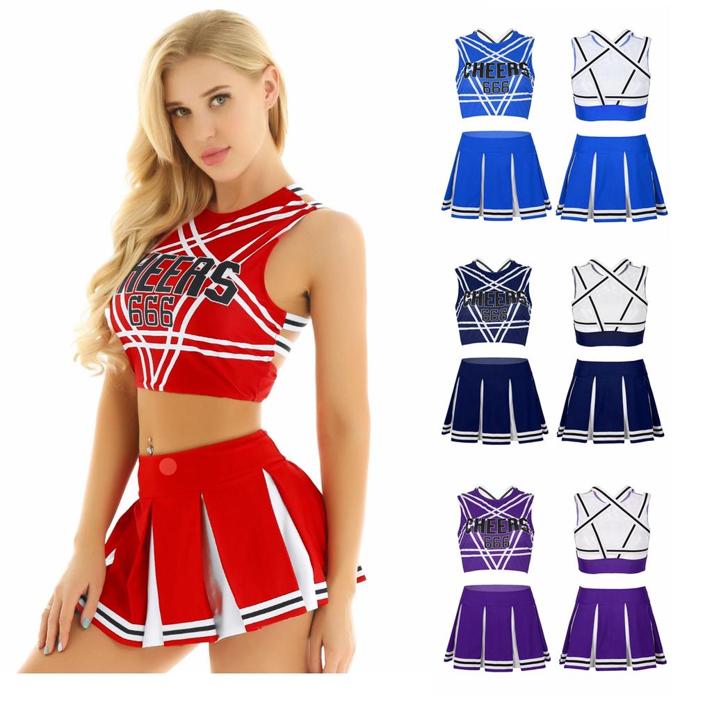 Women's Printed Cheer Leader Uniform Dress Cheerleading Costume Cosplay Outfit Set