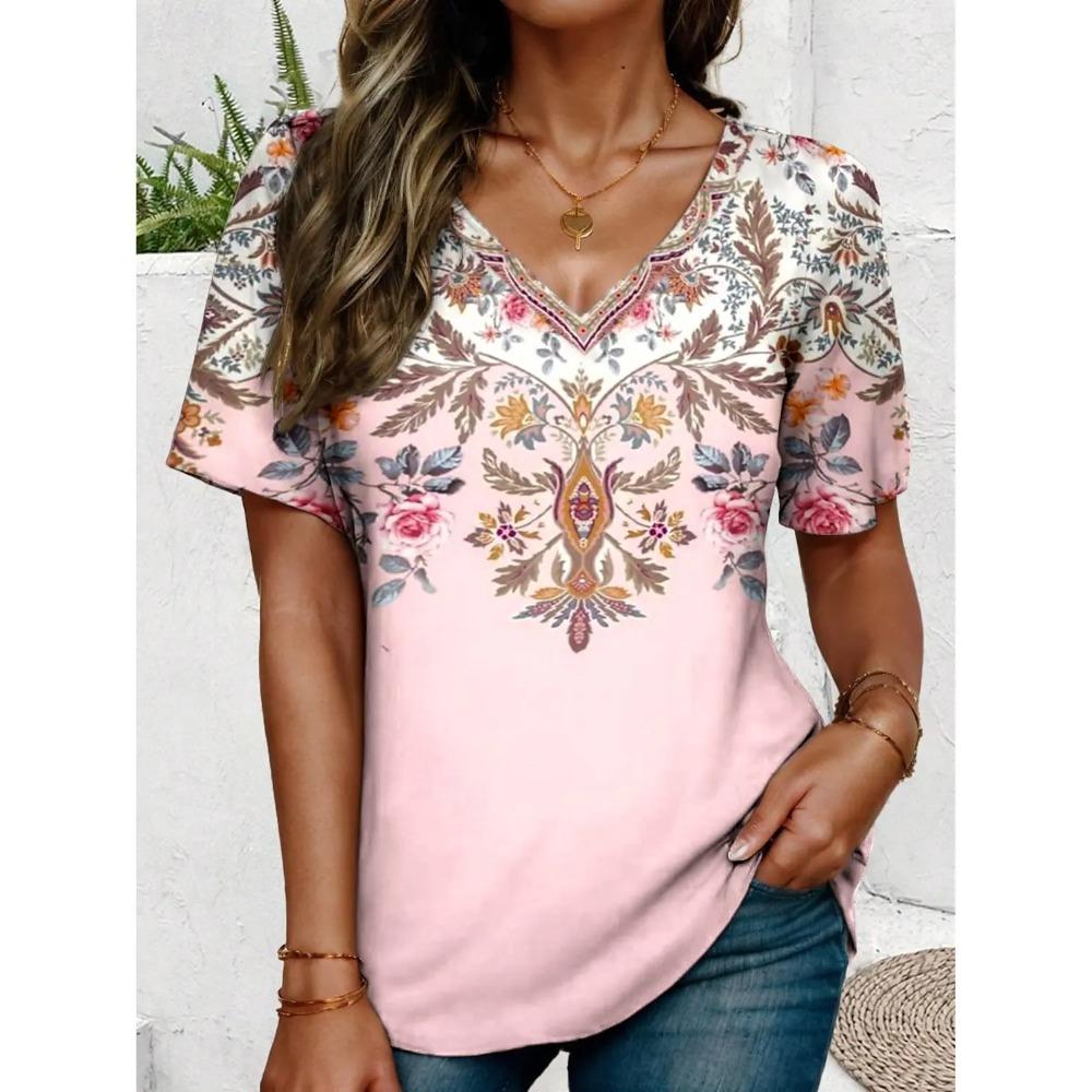 Ethnic Women's Vintage Graphic Fashion Short Sleeved V-Neck Regular Tops Daily Summer Casual Comfortable V Neck T-Shirts