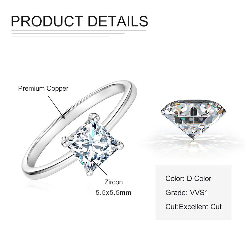 Rrjzz Prinzessschliff VVS1 CZ Labordiamant Solitärring Silber Goldfarbe Damen Verlobungsringringe für Hochzeit Feiner Schmuck