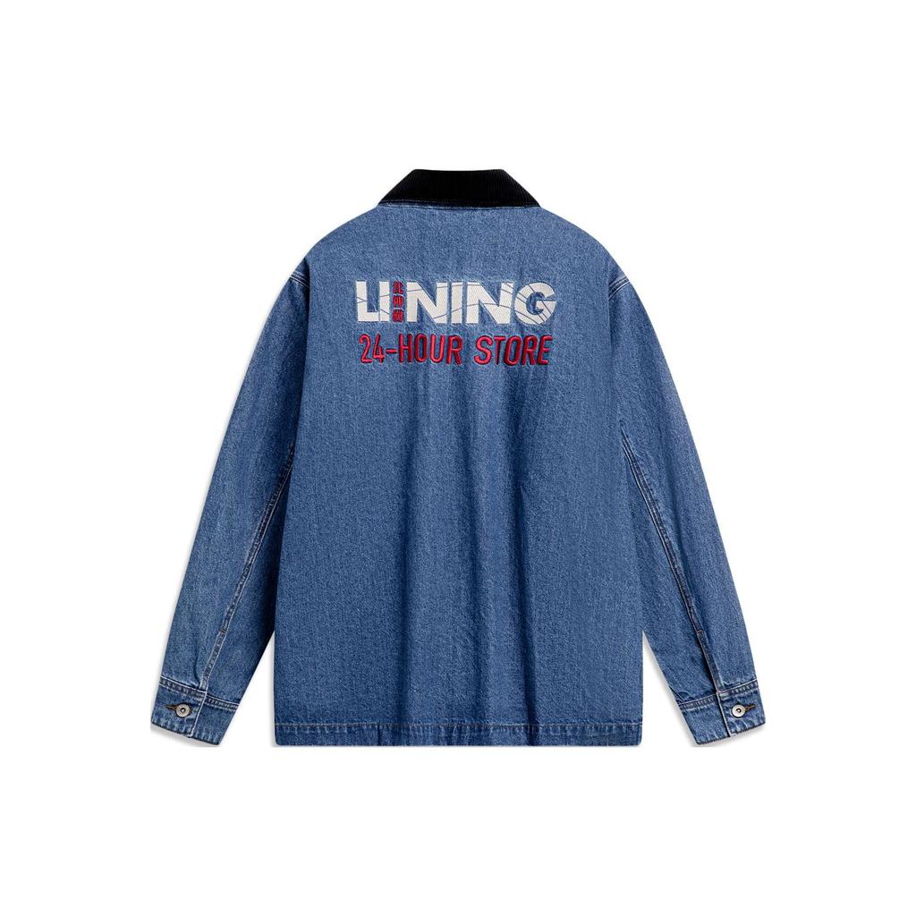 Li-Ning Letter Embroidered Single-Breasted Polo Collar Long Sleeve Denim Jacket Men jackets Medium-Blue-Denim AJDU071-2
