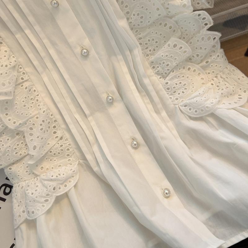 Fashion Flying Sleeve White Shirts Vintage Sleeveless Ruffled Lace Blouse for Woman Woman Elegant Casual Sweet Tops