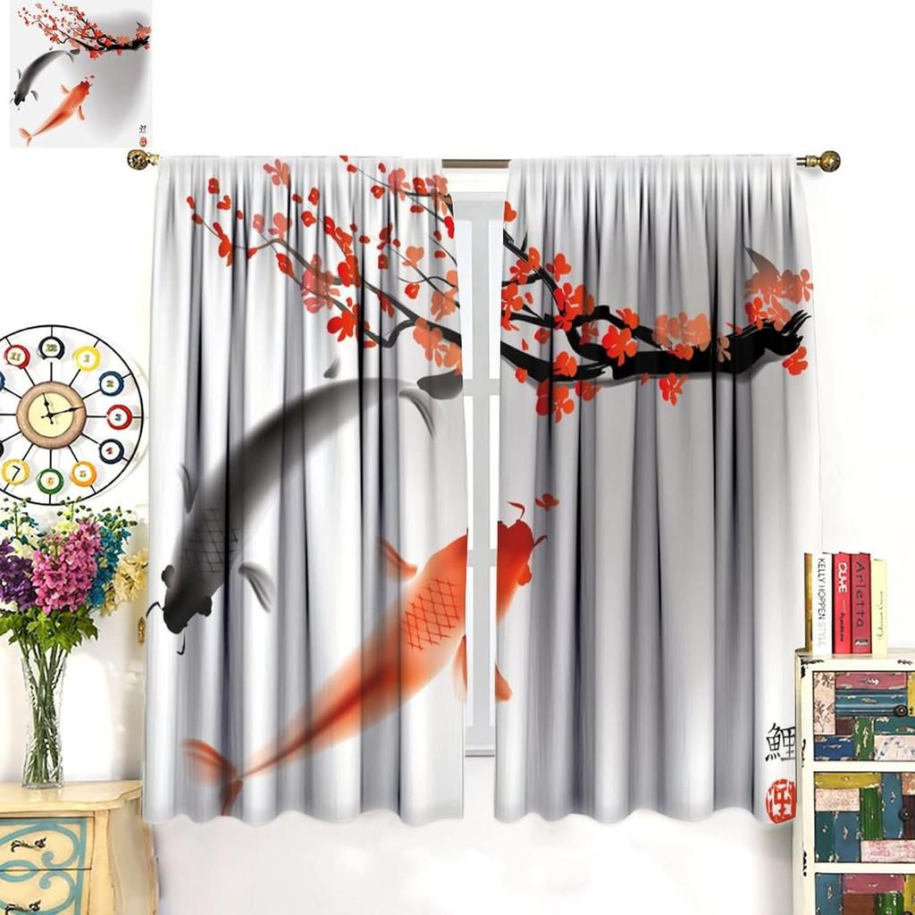 Japanese Style Curtains Koi Fish Swimming Cherry Blossom Branch Design Bedroom Living Room Decorative Noise Reduction Dar Polyester Sitting Window