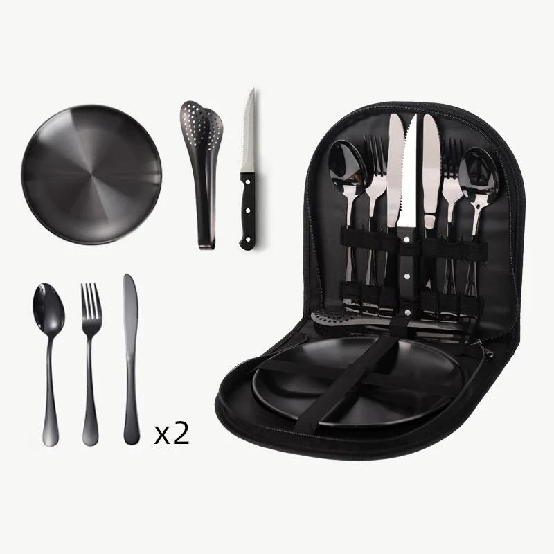 9/10/20sets Outdoor Travel Stainless Steel Tableware Camping Barbecue Plate Clip Steak Knife Fork Spoon Set Portable Storage Bag