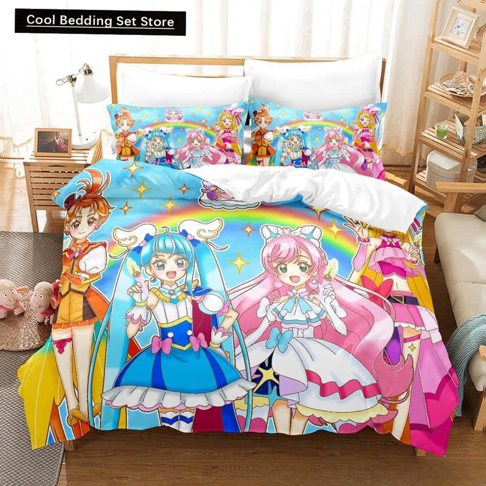 3D Kawaii Anime Hirogaru Sky! Pretty Cure Bettwäsche-Set, Einzelbett, Doppelbett, Queen-Size-Bett, King-Size-Bett, Erwachsenen- und Kinderschlafzimmer, Bettbezug-Sets