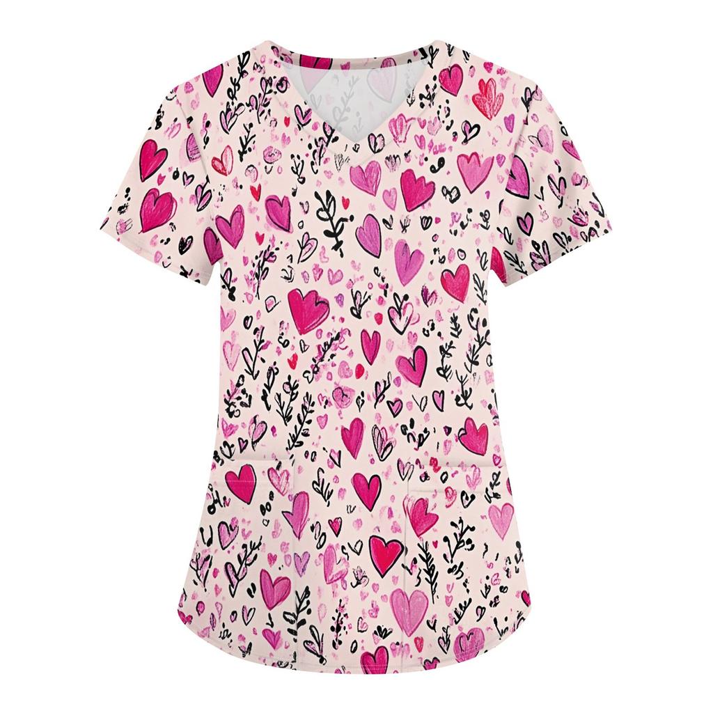 Women's Fashion V-neck Short-sleeved Work Clothes With Pockets Valentine's Day Print Top Care Wear
