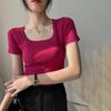 Women's Ribbed Square Neck Cotton T-Shirt: High-Elastic Short Sleeve, Stylish Slim Fit, Summer 2025 Collection