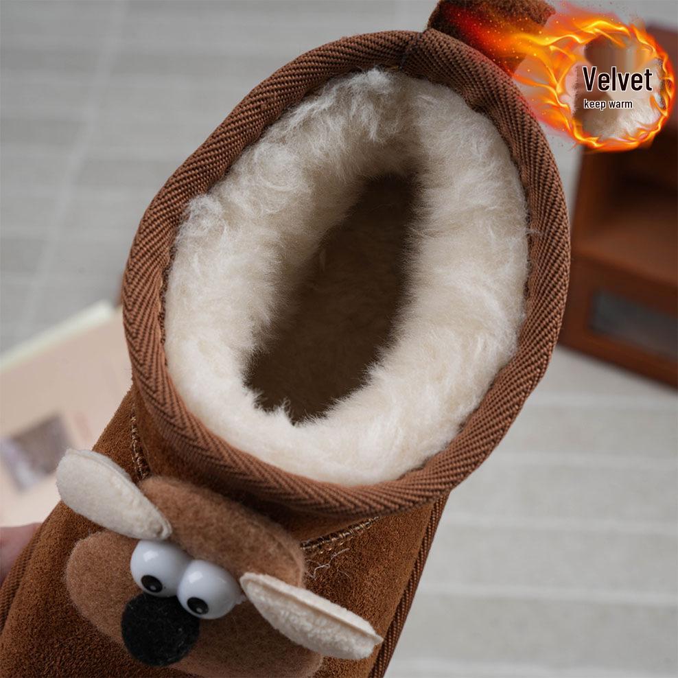 Children's Non-Slip Leather Snow Boots with Plush Lining and Cartoon Doll Decor