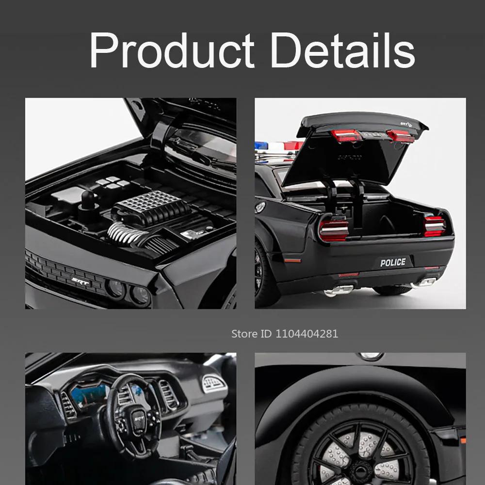 1:24 Challenger Srt Hellcat Legierungs-Polizeiauto Diecast Modell Spielzeug Vorderradlenkung Sound Licht Rückzugsfahrzeuge für Kinder Geschenk