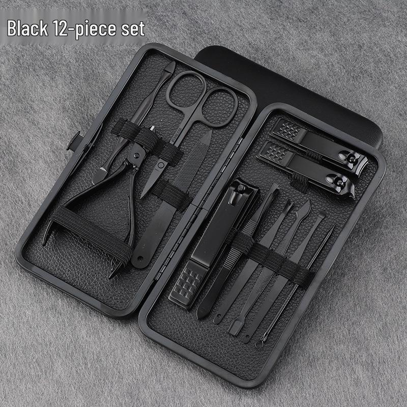 Black Stainless Steel Nail Care Set: 18-Piece Manicure Kit with Clippers, Scissors, Blackhead Remover, Pedicure Knife, and Beauty Pliers.
