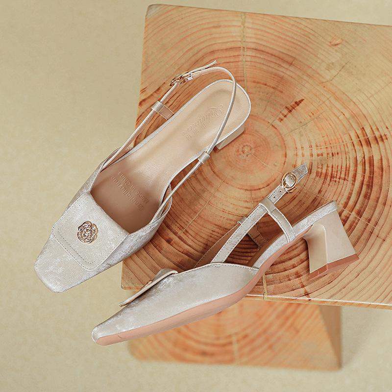 Baotou sandals women's new medium thick heel empty single shoes silver one-word buckle with square head high heels