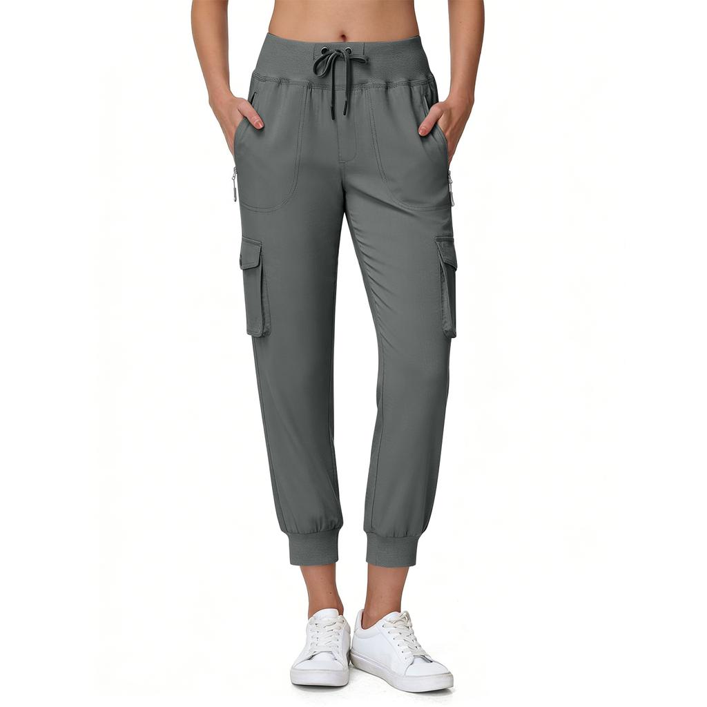 Damen Elastische Hohe Taille 3/4 Hose Lässige Passform Weite Capri-Hosen mit Taschen