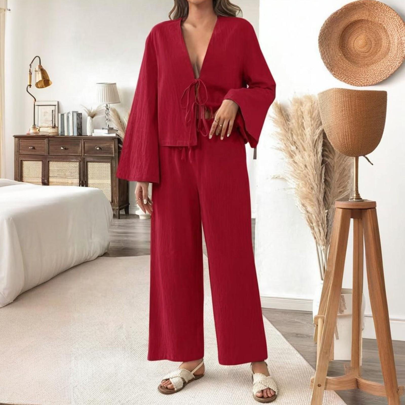 

Женский модный повседневный топ с длинными рукавами на шнуровке и комплект брюк с карманами и эластичной талией L