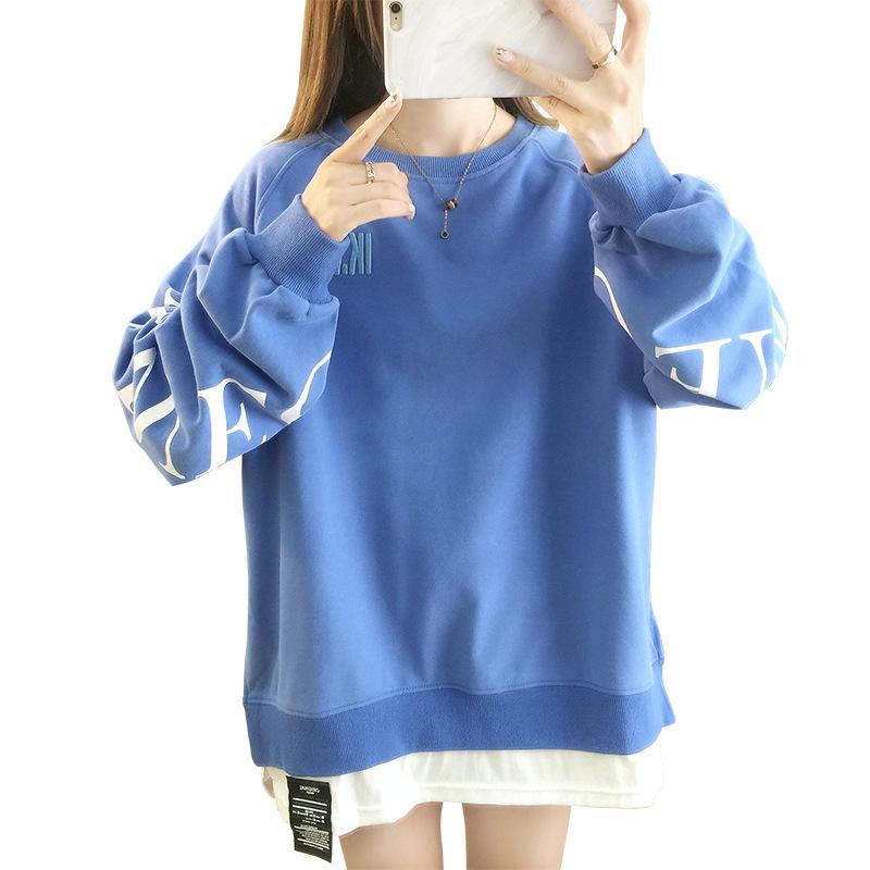 Long Sleeve Women's T-shirts Clothes Tops Fake Two Autumn Midi Fashion Korean Aesthetic Graphic Loose Casual Hoodie Pulovers