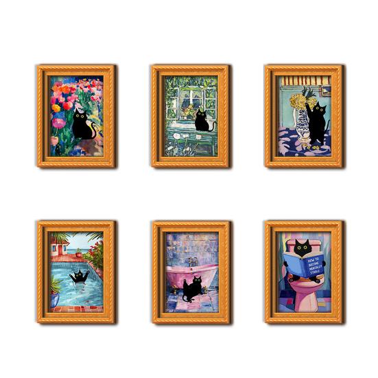 Photo Frame Refrigerator Magnets Oil Painting Cat Magnet, Wooden Black Magnetic Magnet Theme Retro Rectangle Decoration Decorative Fridge