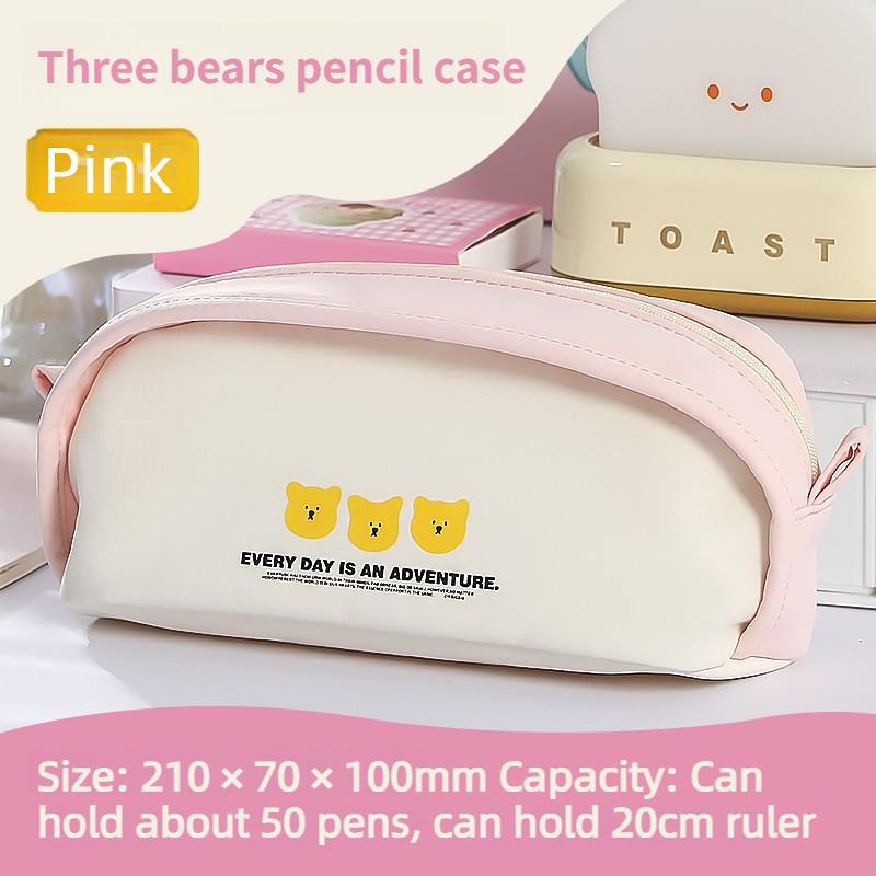 

Cartoon Bear Pencil Case Color-blocking Design Large Capacity Multi-functional Layered Storage Stationery Storage Bag рожевий