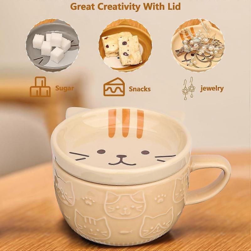 300ML Cute Ceramic Cat Coffee Mug with Lid for Cat Lovers,Funny Novelty Cat Breakfast Mugs for Friends Gift