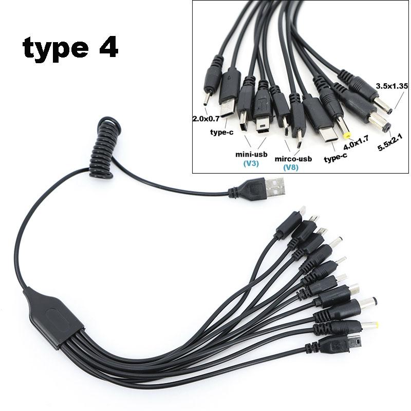 1 USB male to 5 way 10 way type c DC 5.5x2.1mm 2.0x0.7mm male 5P V3 V8 mirco usb male power charging spring cable 10 in1 charger