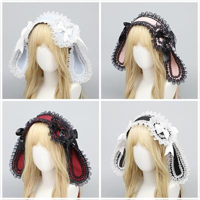 Rabbit Ears Headband with Lace Bowknot Party Hairband Girl Anime Props Wide Hairband Photo Props Masquerade Headwrap