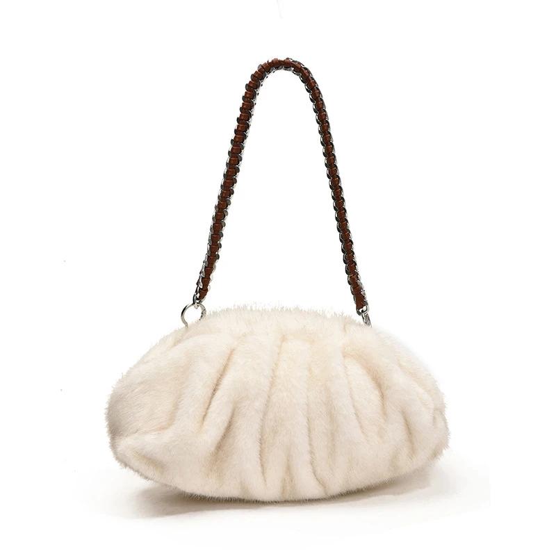 Women Faux Fur Shoulder Bag Winter Warm Soft Plush Hobo Bag Large Capacity Purse Fluffy Dumpling Pouch Underarm Chain Bag