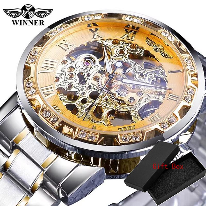 Fashion Winner Top Brand Luxury Men Transparent Diamond Luminou Smovement Male Mechanical Skeleton Royal Design Wrist Watch