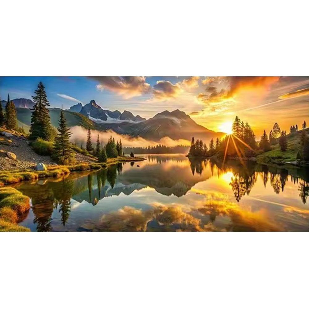 

Большой размер Мозаика Сделай сам Полные наборы для алмазной живописи Искусство Красивый лесной пейзаж с озером Вышивка крестом Стразы round 50x100cm