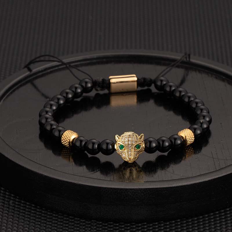 Men's Punk Braided Titanium Steel Bracelet with Leopard Head, Zircon, and Pineapple Beads.