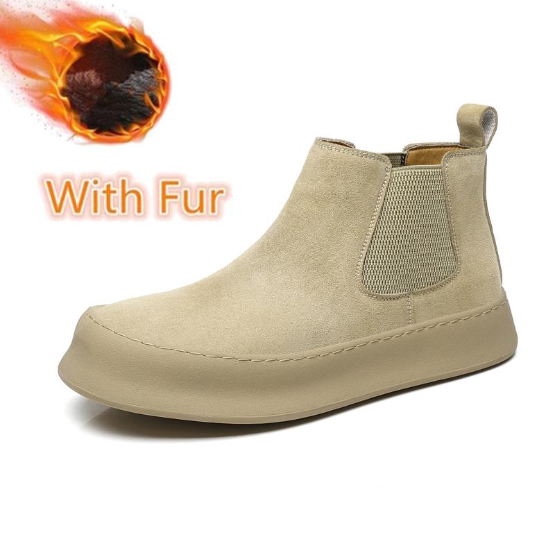 British Style Men Chelsea Boots Casual Leather Ankle Boots Pure Color High Top Shoes Versatile Winter Shoe Warm Plush Snow Botas
