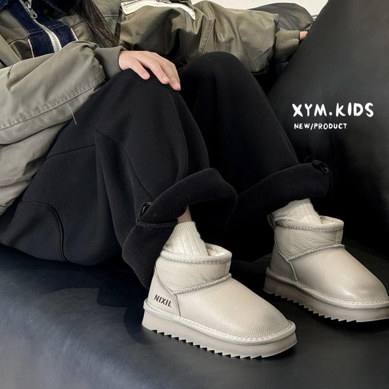 Kids Winter Snow Boots Boys Girls Genuine Leather Ankle With Warm Cotton Lining Anti-Slip TPR Sole