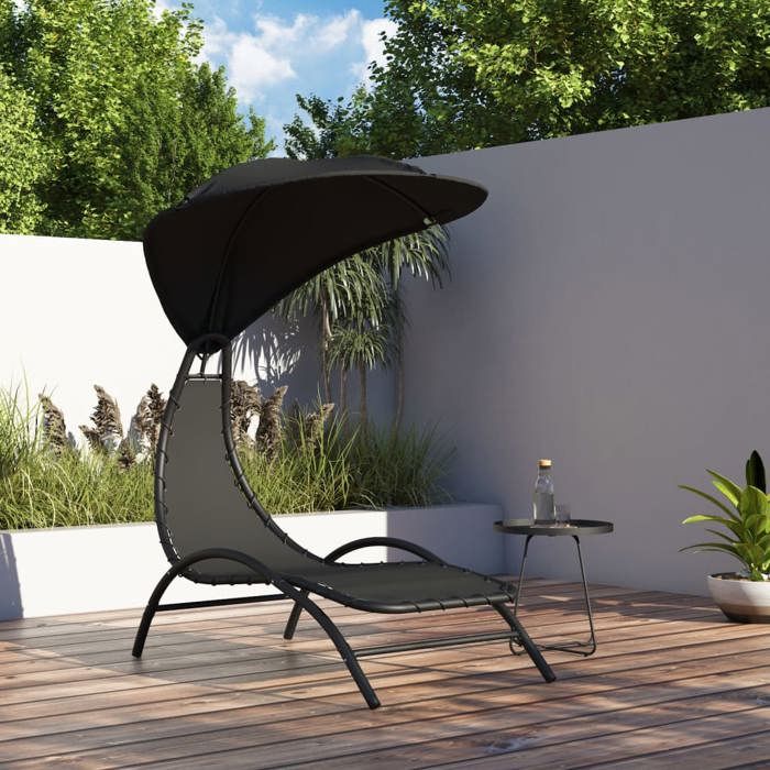 VidaXL Chaise longue avec auvent noir 167x80x195 cm tissu et acier, chaise longue, lit de repos, chaise longue de jardin, 362706