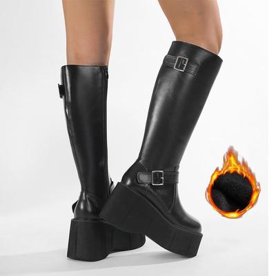 Bequeme Ganzjahres-Motorradstiefel für Damen Flanellfutter Warme Fleece-gefütterte Innensohle Kniehohe Stiefel Schnallenriemen
