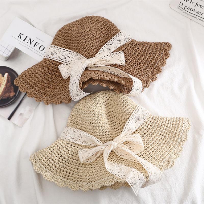 Straw hat female small fresh sunshade lace strap bow hat female summer outing big eaves beach sun hat