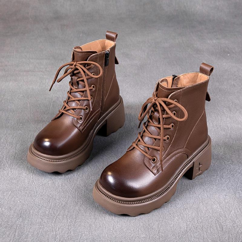 

Первый слой коровьей кожи ботинки Мартин для женщин осенью и зимой 2025 года, новые кожаные короткие ботинки на шнуровке на толстой подошве в стиле ретро, увеличивающие рост 40