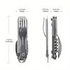 A set of 6-in-1 multi-functional folding outdoor tableware, camping portable meals, knives, forks, spoons, bottles, outdoor camping cookware