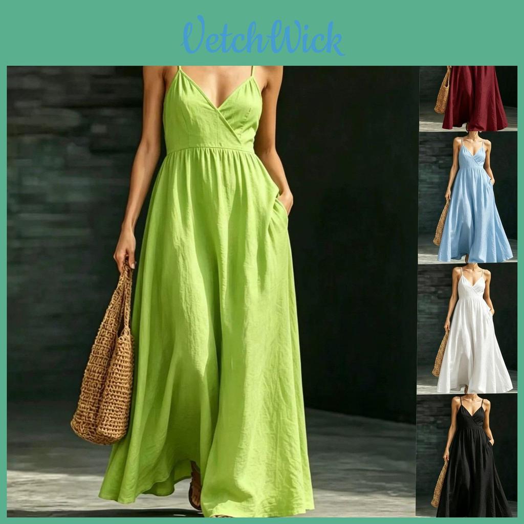 Polyester V Neck Sleeveless Dress With Pockets For Summer Casual And Beach Wear