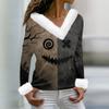 Women's Casual Long Sleeve V-Neck Halloween Print Top with Collar for Fall