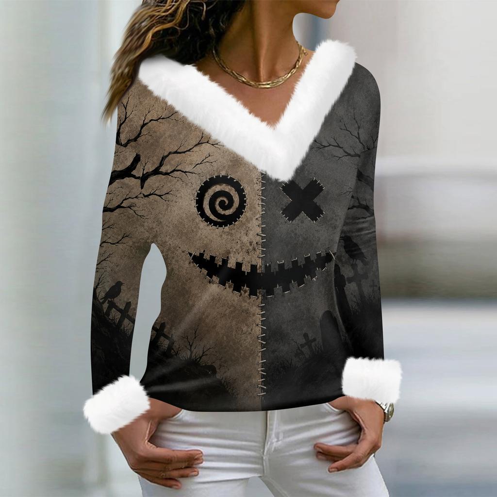 Women's Casual Long Sleeve V-Neck Halloween Print Top with Collar for Fall