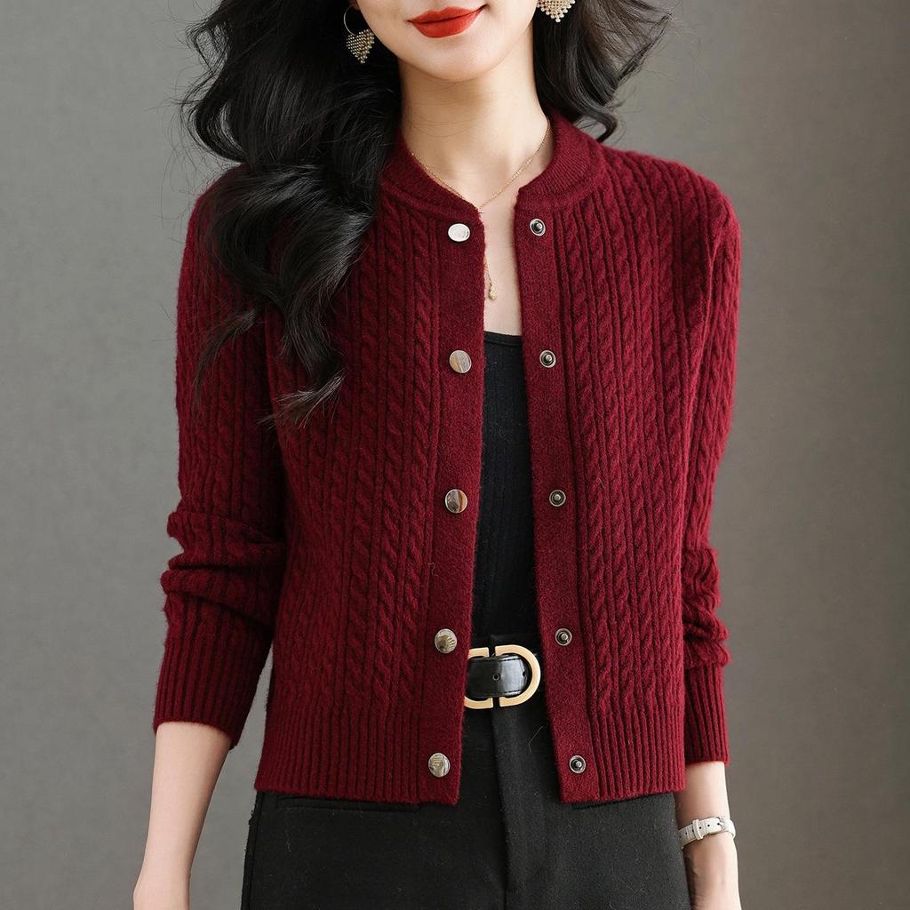 2025 Autumn/Winter Women's Thick Cable Knit Round Neck Cardigan Sweater Coat