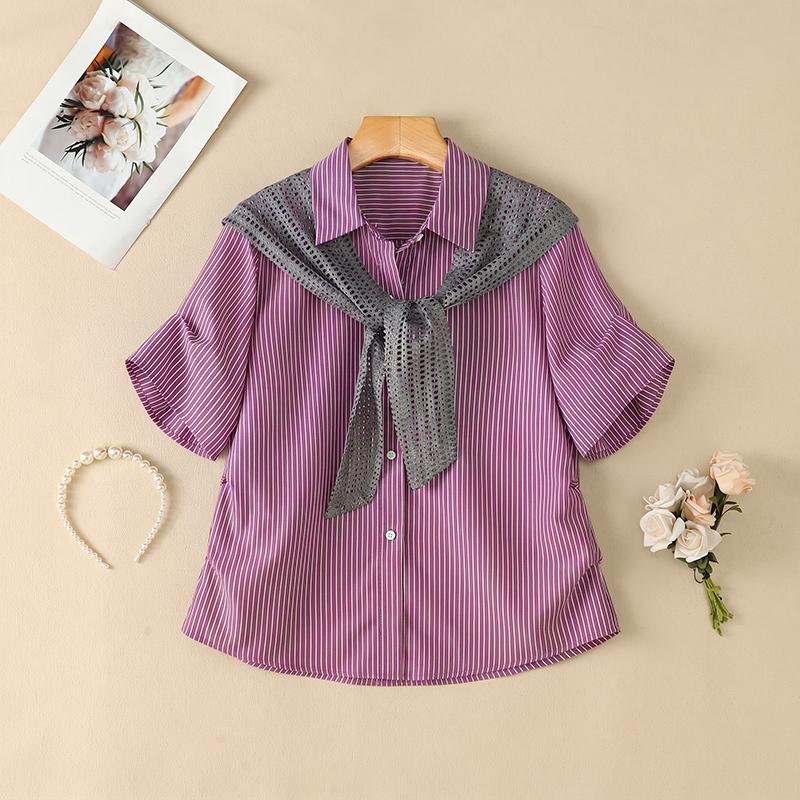 ZANZEA Blusa Casual de Mujer con Cuello Vuelto, Manga Corta Suelta a Rayas