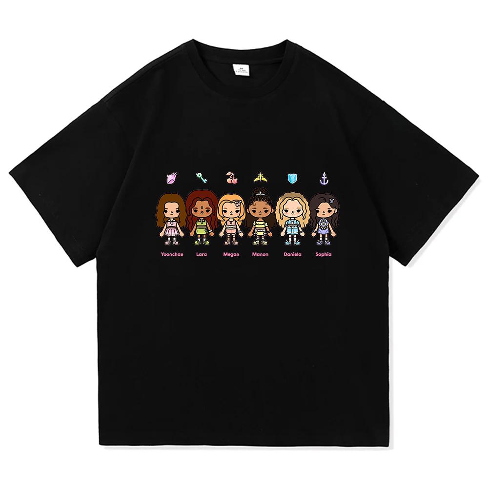 KATSEYE X Toca Boca T-Shirt Koreanische Mädchenband Cartoon-Druck T-Shirts Baumwolle Kurzarm Locker Damen-T-Shirts Unisex Streetwear