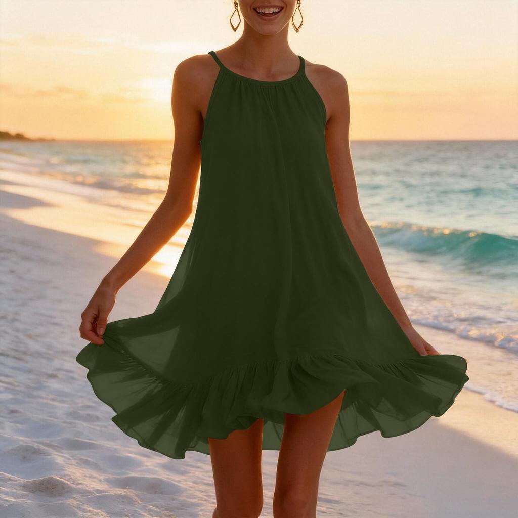 Mini Abito Senza Maniche con Orlo Arricciato Vestibilità Larga per Donna Casual Scollo Leggero Svolazzante Abito Estivo