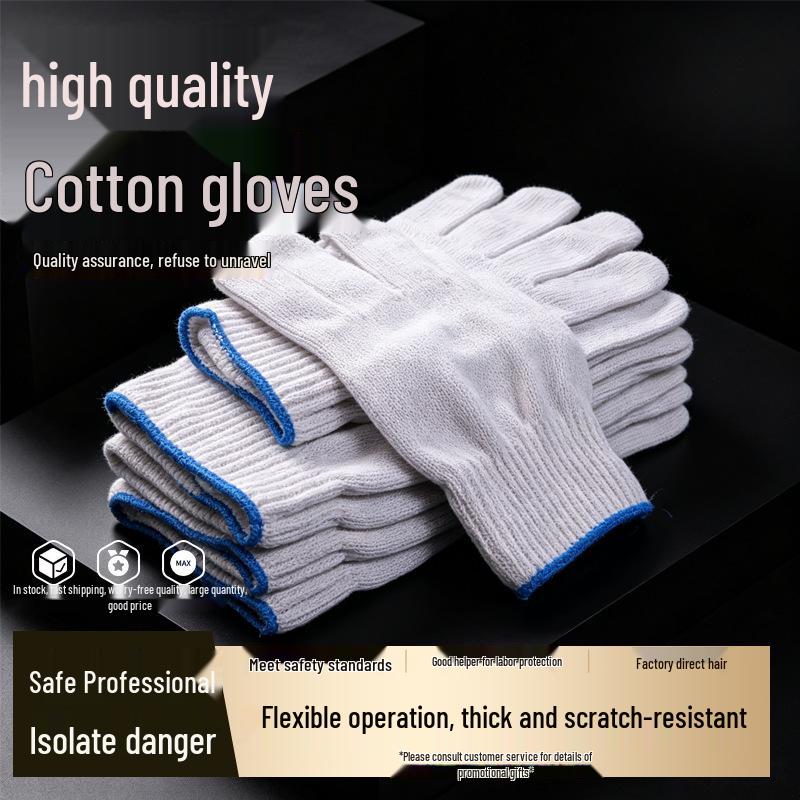 Men's Heavy-Duty Work Gloves - Thick, Non-Slip, Breathable White Cotton Yarn for Construction and Labor Protection