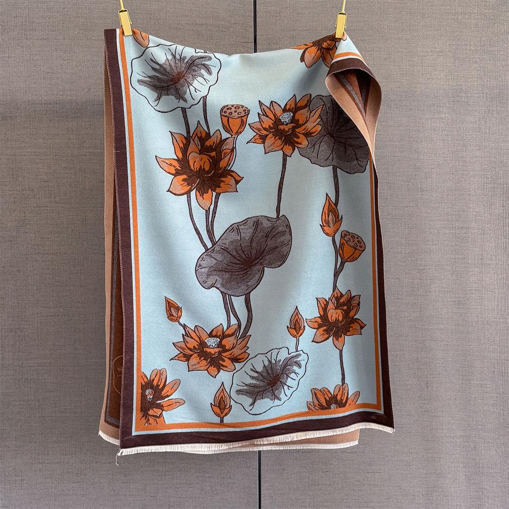 New Autumn Winter Women Cashmere Scarf Thick Warm Shawl Lotus Flower Print Fashionable And Versatile Elegant Scarves