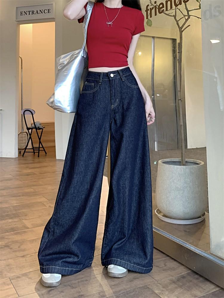 

Women s Dark Blue Wide-Leg Jeans: Retro Floor-Length Loose Straight-Leg Pants for Spring/Summer 2024 Extra Large