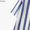 ZANZEA Women Stand Collar 3/4 Sleeve Loose Stripe Shirt Dress
