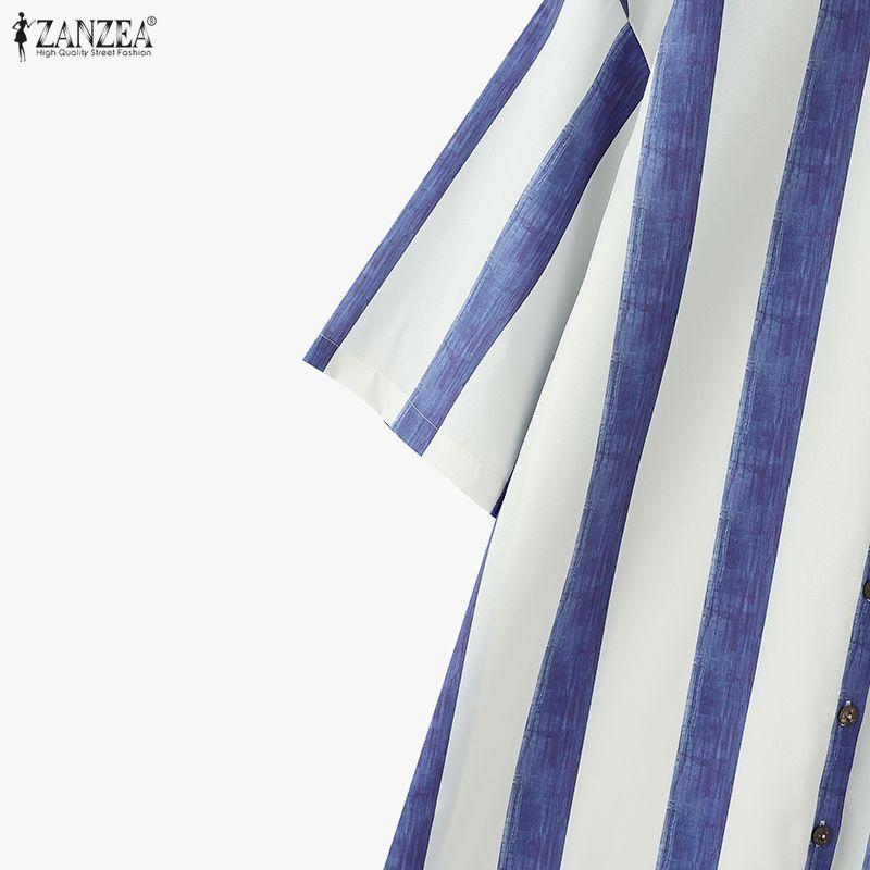 ZANZEA Women Stand Collar 3/4 Sleeve Loose Stripe Shirt Dress