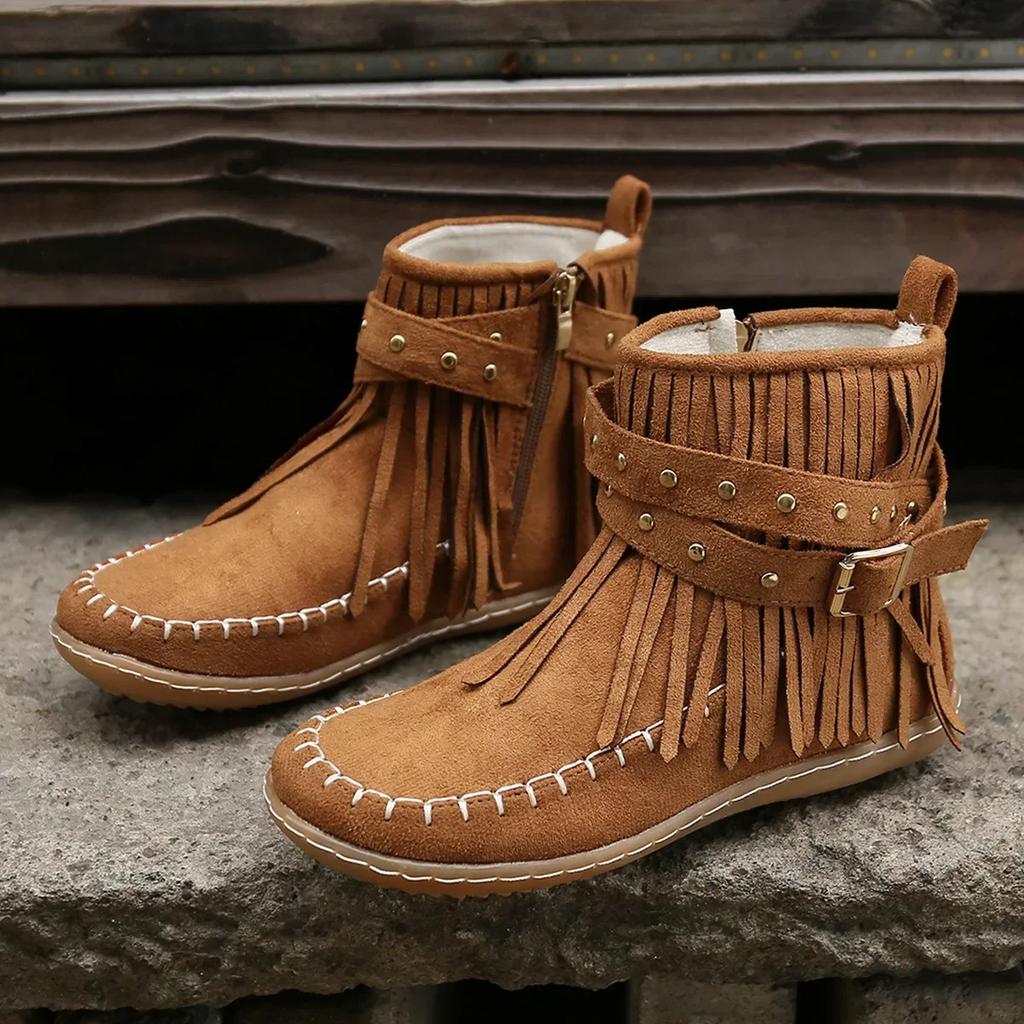Retro Women Tassels Round Toe Short Boots Boots Women Winter Casual Flat Rivet Buckle Flat Ankle Boots Warm Shoes Footwear