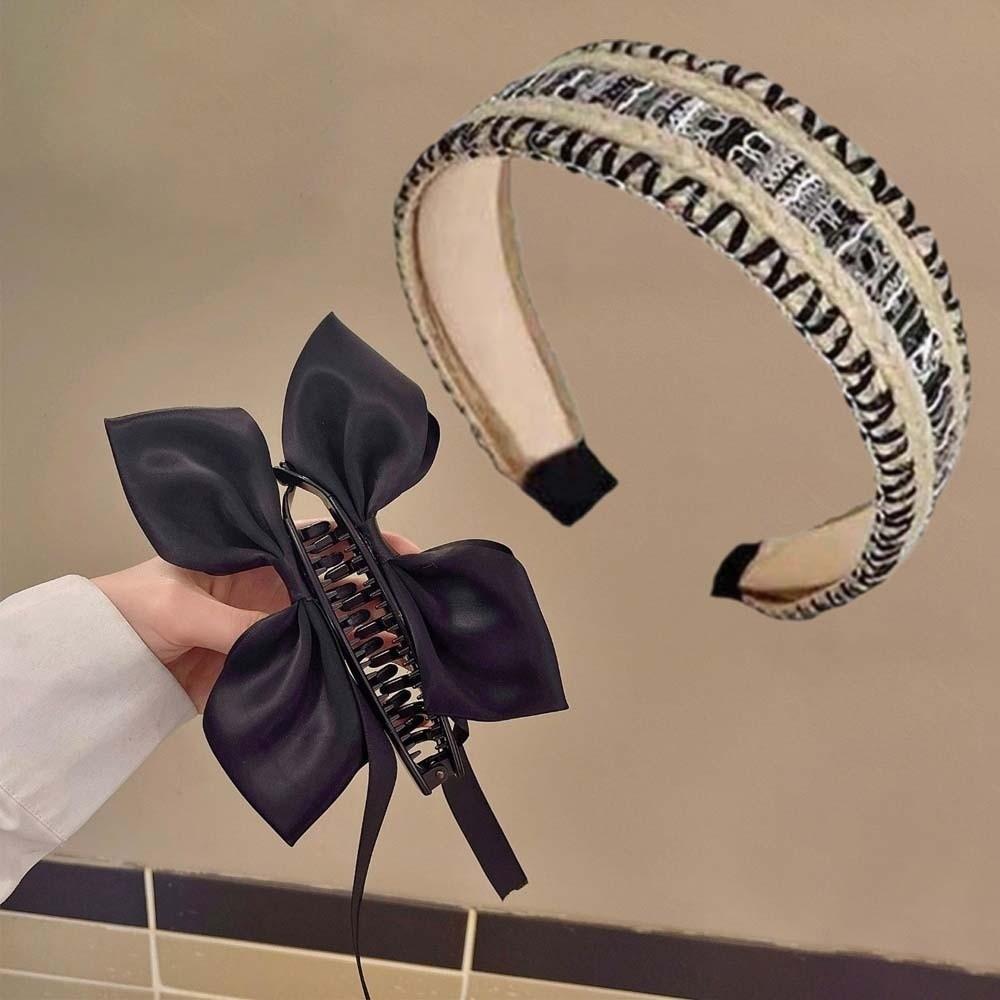 

2 шт. Широкий боковой ленточный зажим-банан Сладкий бант Вертикальный зажим Заколка для волос Черный вязаный обруч для волос Подарок чёрный